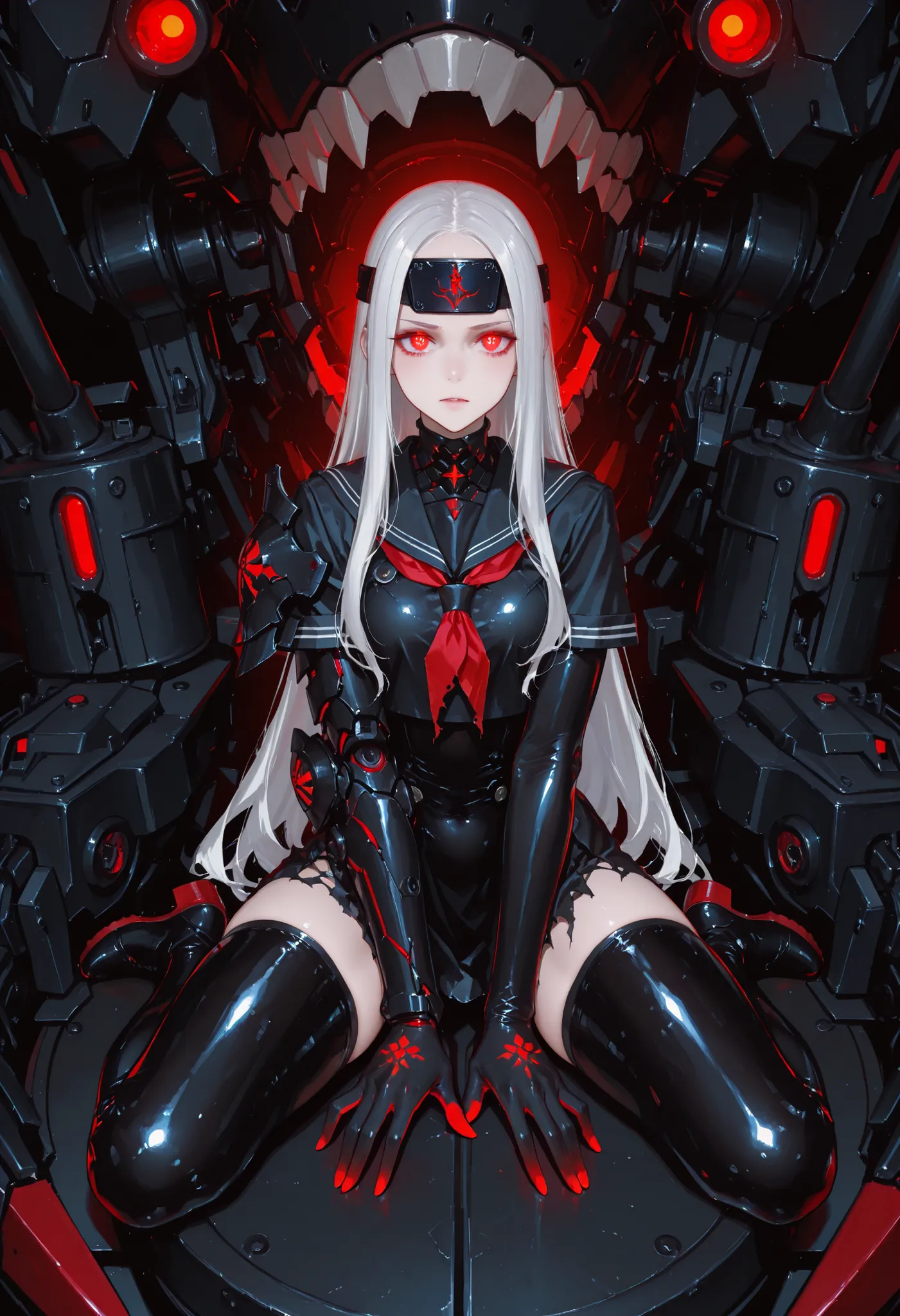 A girl in a black sailor uniform. White hair. Long hair. Forehead protector. Glowing red eyes. Darkly discolored hands. Black armored arms. Asymmetrical arms. Oversized latex boots. Torn costume. Sit on a small battleship. Mechanical monster fangs. Cannon ...