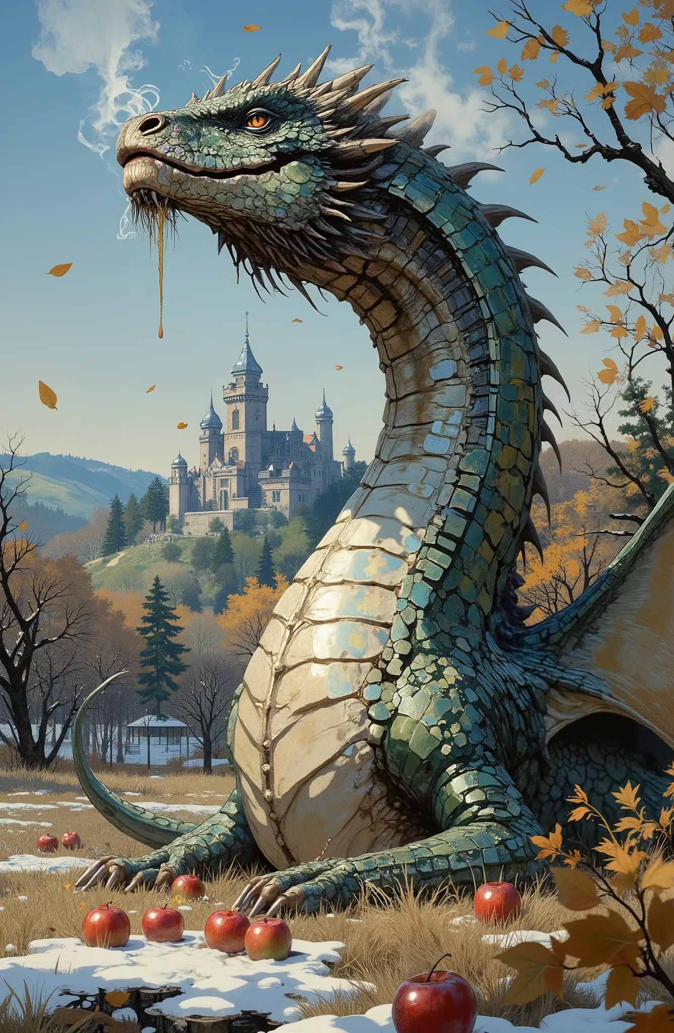 Low angle, looking vertically up at the figure of the huge final antagonist in full growth — a huge terrifyingly beautiful fantastic dragon covered with iridescent mirrored holographic scales, brightly shimmering in the sun. A drunken, satisfied dragon eat...