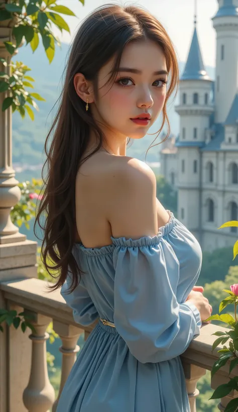 ultra fineCG Unity 8k壁紙、best quality、ultra fine、Masterpiece、real、フォトreal、ultra fineキュートガール、18 years old、(European castles)、(Girl standing on balcony)(back view)、(looking back at the drugstore)、((笑face))、(full body angle)、 low angle、cheek、 red lips、(low ang...