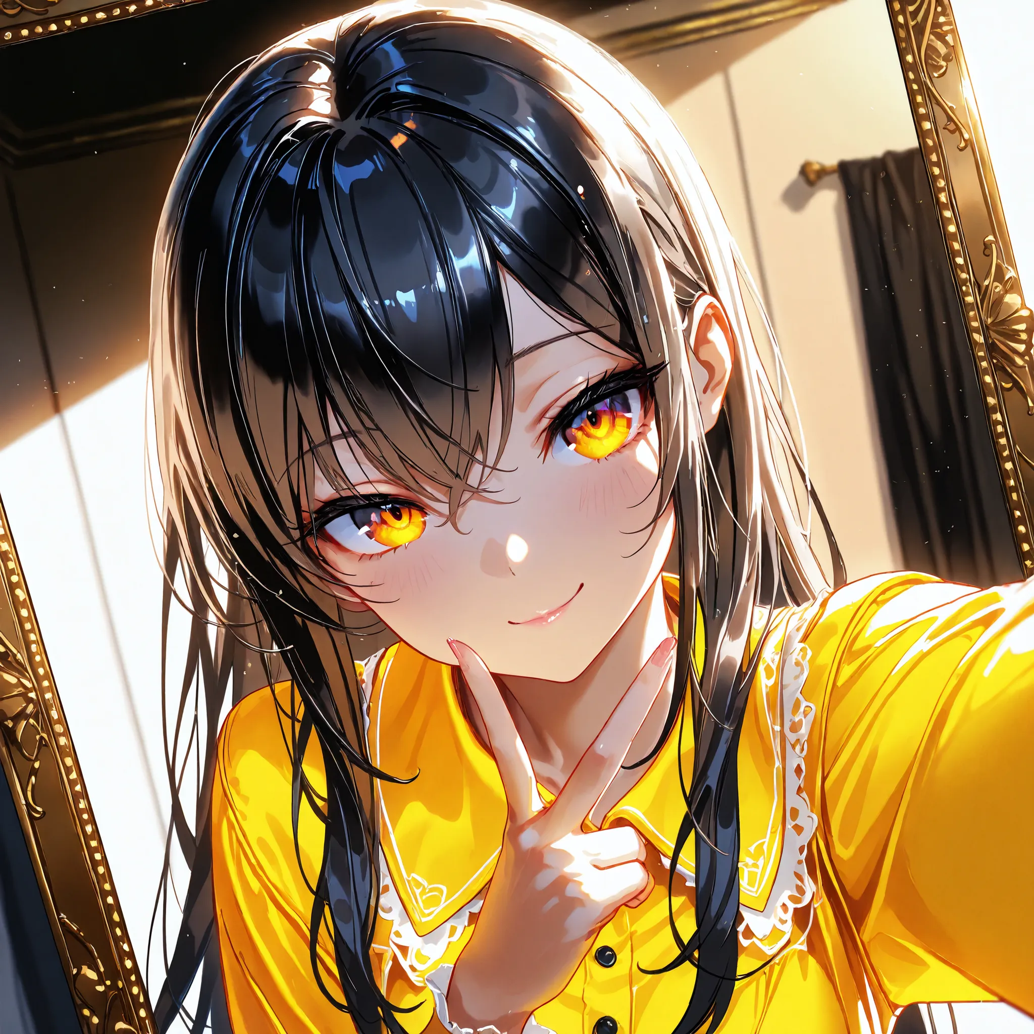 Masterpiece, top quality, absurd, high resolution, cinematic composition, ultra detailed, high quality,Perfect anatomical structure ,1girl, solo, in front of mirror,selfie,hip tilt,upper body,yellow collared dress, seductive smile,black long hair,Stocking...