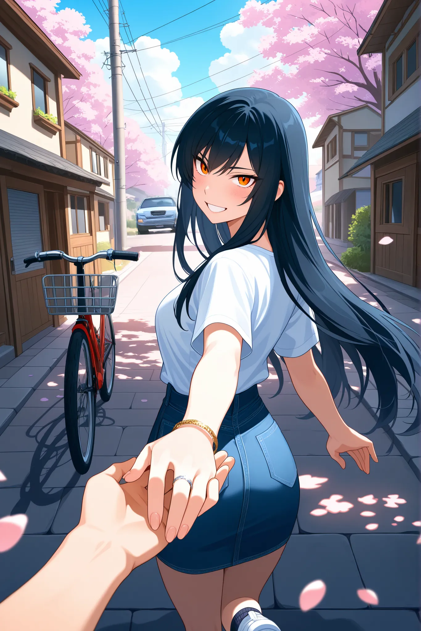 1girl, 1boy, tall_female, slender, from_behind, pov, pov_hands, holding_hands, looking_back, smile, grin, open_mouth, teeth, :d, blush, bangs, navy_hair, very_long_hair, straight_hair, orange_eyes, tsurime, sanpaku, blue_skirt, denim_skirt, white_shirt, sh...