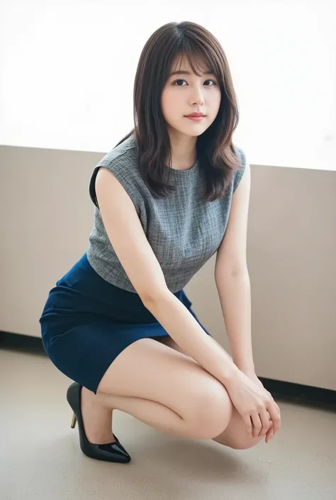 "Ultra HD. gravure photo,Focus on the lower body,Japanese office lady, OL,Arimura Kasumi wearing a well-tailored gray vest and a white blouse, Kasumi Arimura, Wearing a tight dark blue pencil skirt. she's wearing beige stockings, Her sexual looks and black...