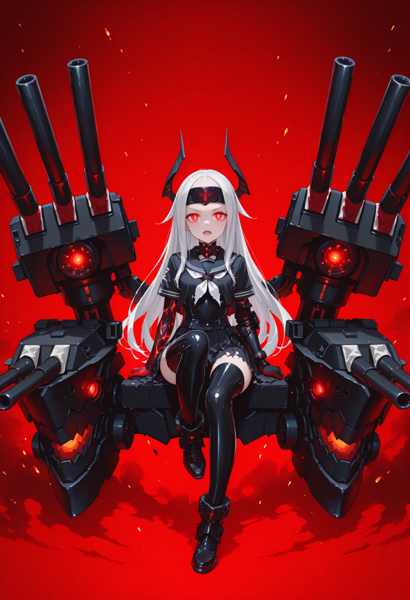 A girl in a black sailor uniform. White hair. Long hair. Forehead protector. Glowing red eyes. Darkly discolored hands. Black armored arms. Asymmetrical arms. Oversized latex boots. Torn costume. Sit on a small battleship. Mechanical monster fangs. Cannon ...