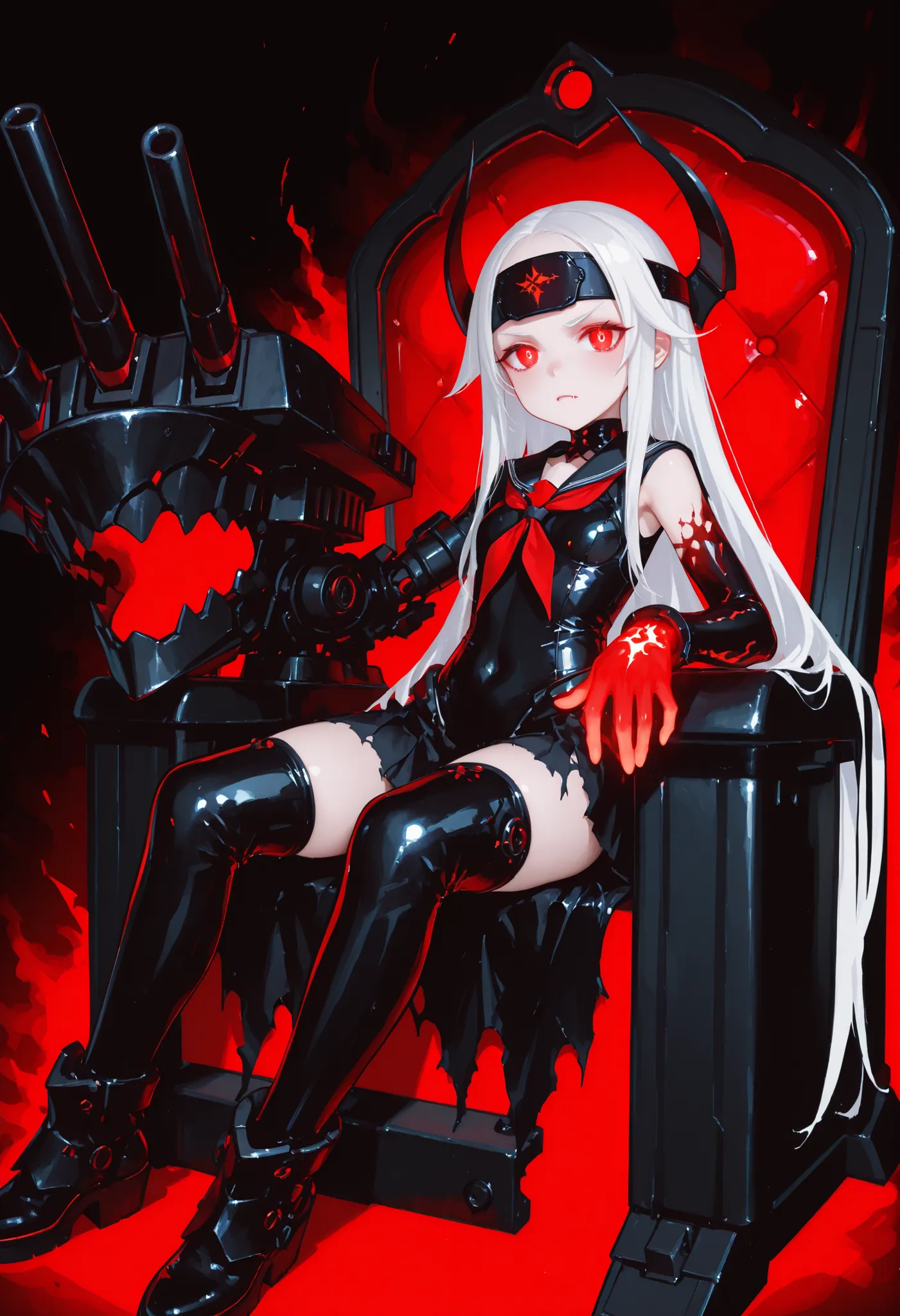 A girl in a black sailor uniform. White hair. Long hair. Forehead protector. Glowing red eyes. Darkly discolored hands. Black armored arms. Asymmetrical arms. Oversized latex boots. Torn costume. Sit on a small battleship. Mechanical monster fangs. Cannon ...