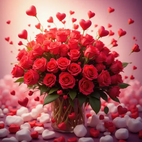 A beautiful bouquet of roses, hearts, The background Soft and gentle is well designed, better quality , Wonderful, bright colors, masterpiece fails, 8 k, maximum quality, complex details ,