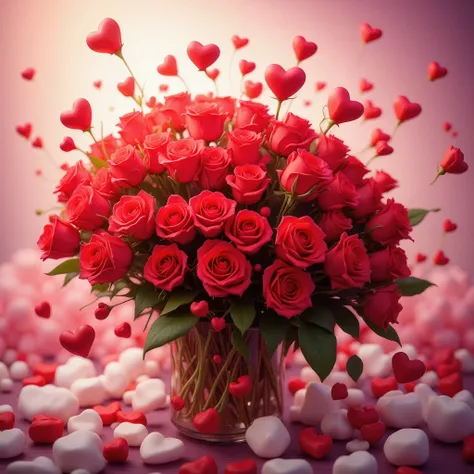 A beautiful bouquet of roses, hearts, The background Soft and gentle is well designed, better quality , Wonderful, bright colors, masterpiece fails, 8 k, maximum quality, complex details ,