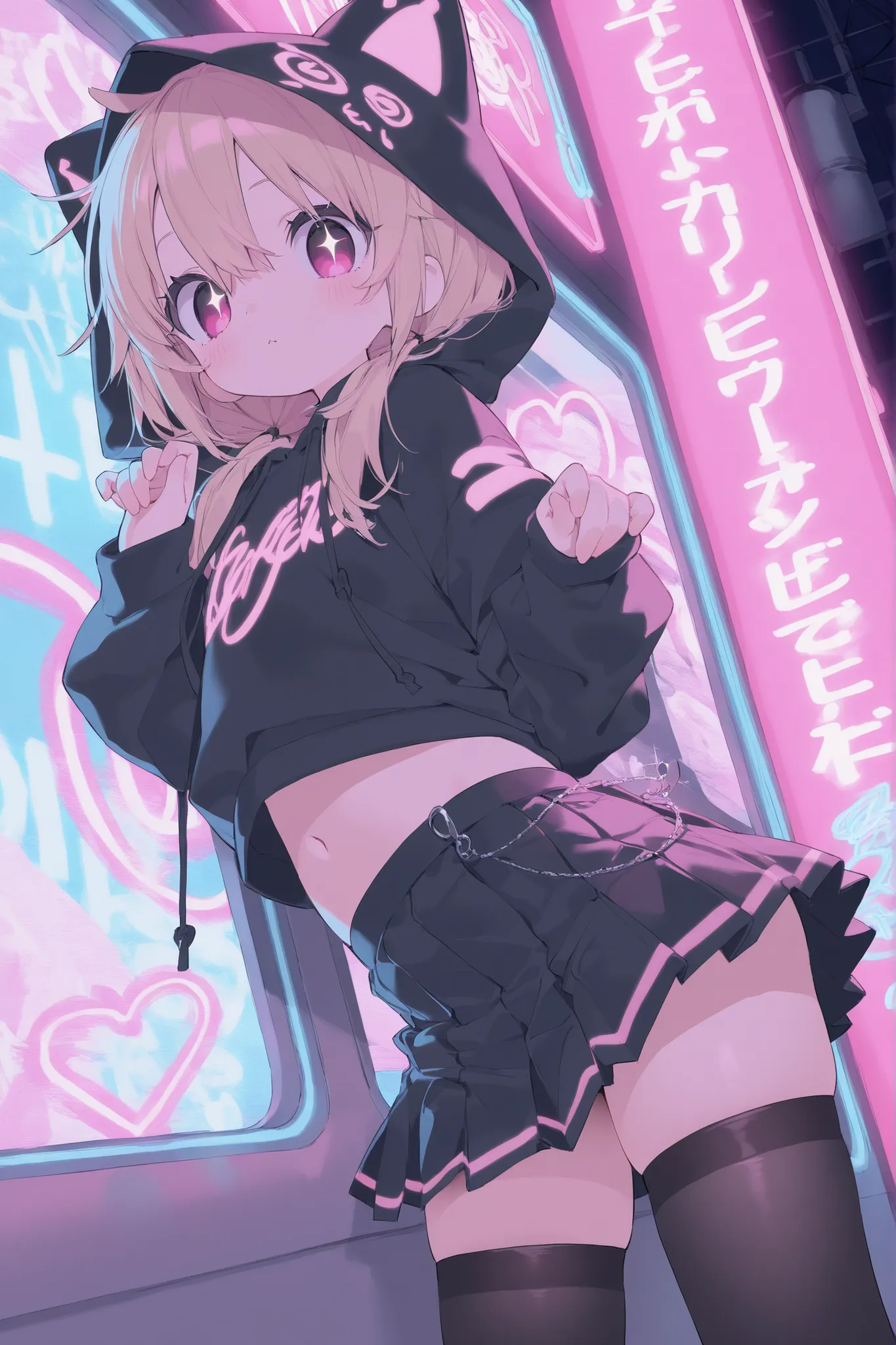 best quality、Highest Quality、8k、Highly Detailed CG、dynamic angle、cowboy shot、Neon Light Sparkling Cyber Nightclub、Illuminated signboard showing girls in the back、standing、see here、Beautiful Girl,1 cute girl、 cute pose with both hands 、hip swing dance、Rando...