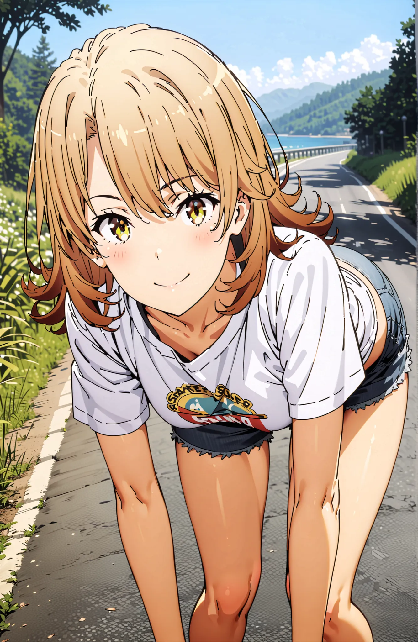 Iroha Isshiki,solo, Hair,half up do,short hair,brown eyes in the bedroom,oversized t-shirt,denim micro shorts,Bare legs,sneakers,Baseball hats,standing,bending forward,peace sign,smile,blush,grinning,Beautiful Scenery,noon,summer,in their 40s outdoors,Coas...