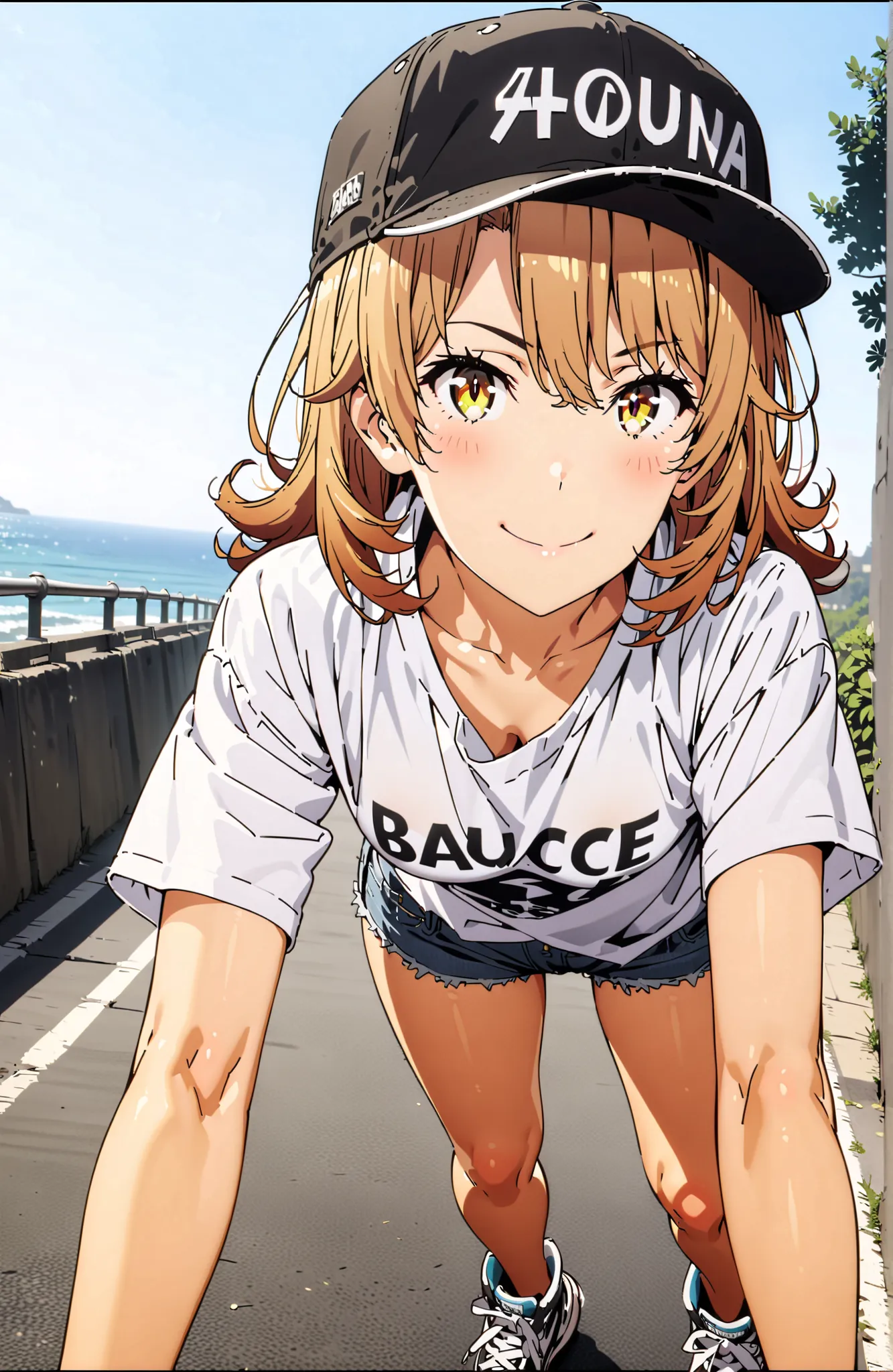 Iroha Isshiki,solo, Hair,half up do,short hair,brown eyes in the bedroom,oversized t-shirt,denim micro shorts,Bare legs,sneakers,Baseball hats,standing,bending forward,peace sign,smile,blush,grinning,Beautiful Scenery,noon,summer,in their 40s outdoors,Coas...