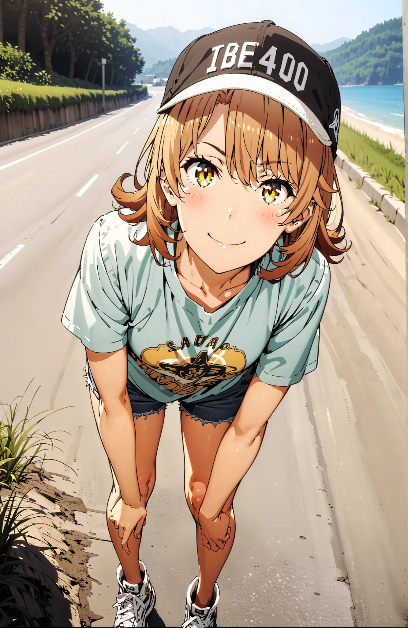 Iroha Isshiki,solo, Hair,half up do,short hair,brown eyes in the bedroom,oversized t-shirt,denim micro shorts,Bare legs,sneakers,Baseball hats,standing,bending forward,peace sign,smile,blush,grinning,Beautiful Scenery,noon,summer,in their 40s outdoors,Coas...