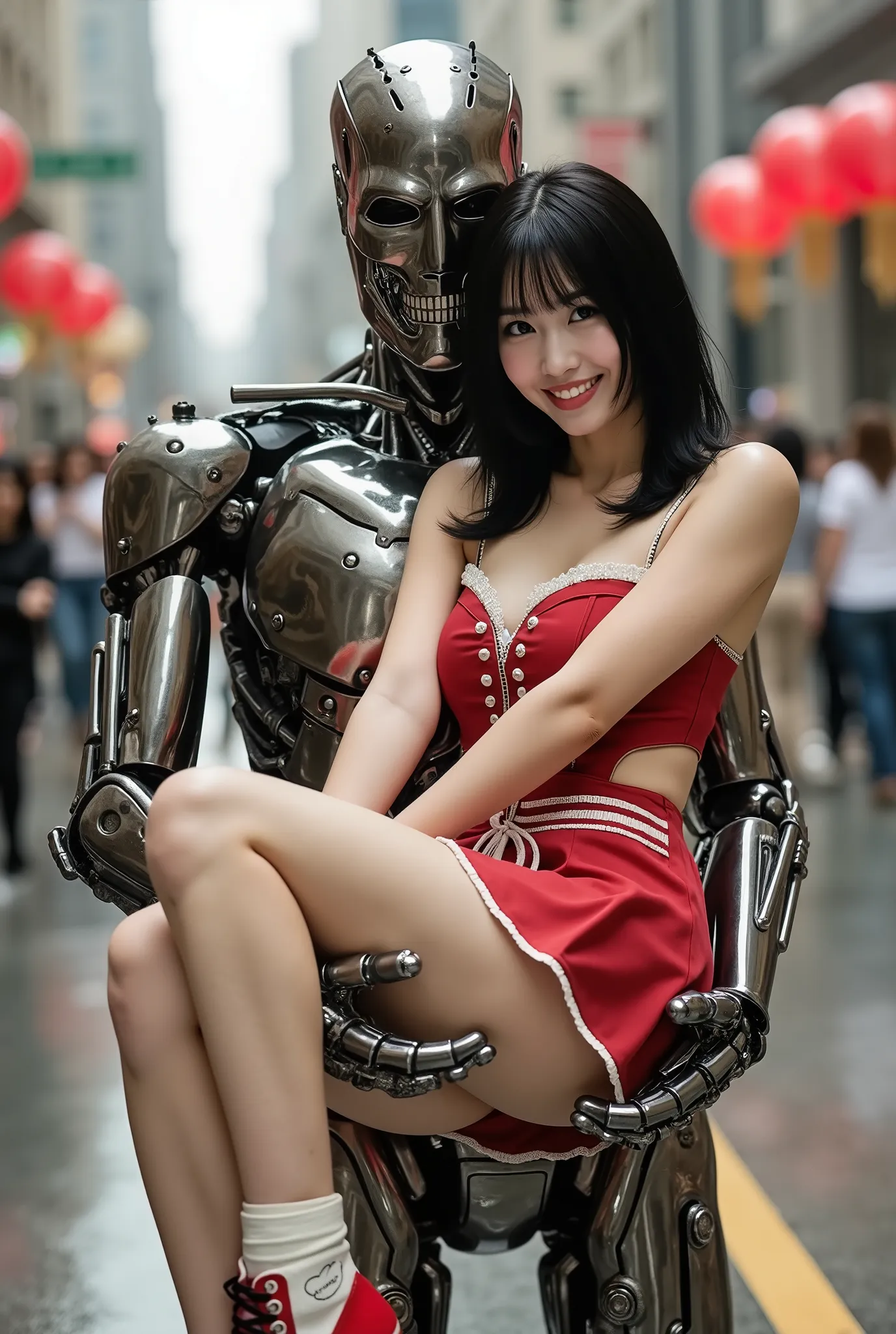 Create a portrait of a stunning Japanese singer with a slender physique, medium chest, and thin legs. She has medium-length hair and is dressed in a Western saloon-style waitress outfit, featuring a skirt with a small apron design and roller skates. The gi...