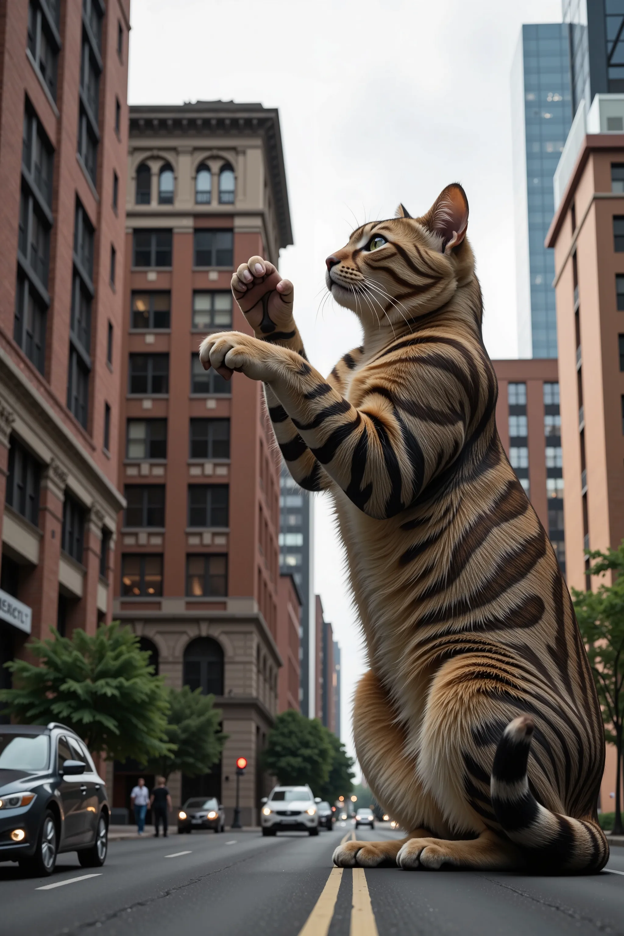 In the heart of the city, A giant cat bigger than a building, A giant cat playing with a building, Realistic fantasy, natural lighting, soft lighting, professional lighting, (masterpiece, best quality, photo realistic, ultra detailed, realistic skin, ultra...