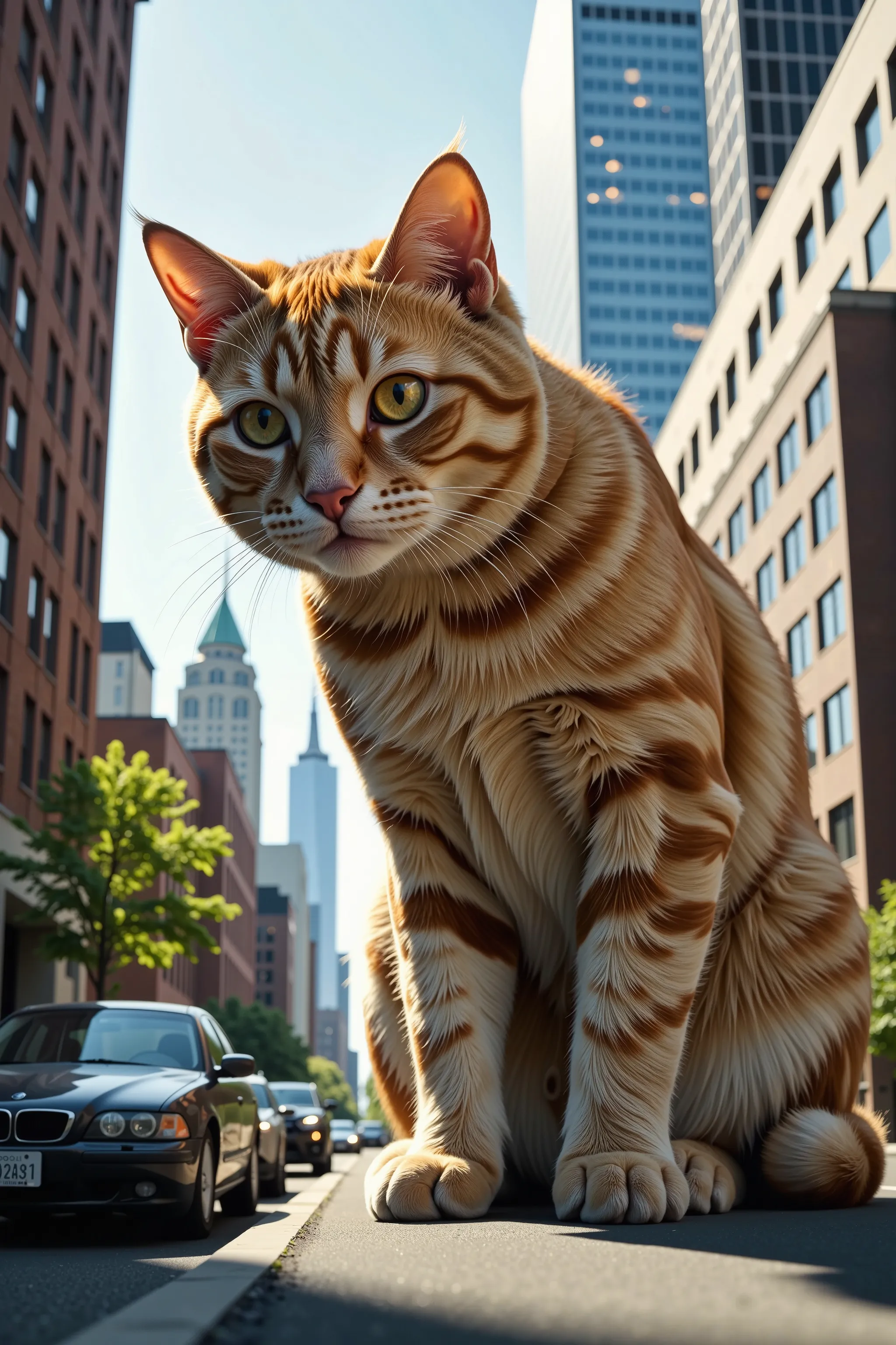 In the heart of the city, A giant cat bigger than a building, A giant cat playing with a building, Realistic fantasy, natural lighting, soft lighting, professional lighting, (masterpiece, best quality, photo realistic, ultra detailed, realistic skin, ultra...
