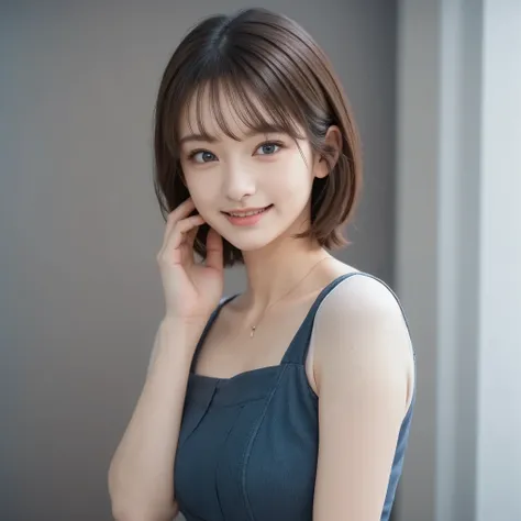 28 year old woman with her hand on her cheek、full body shot、Off shot at home、full body shot、white business shirt、blue damaged denim、looking at me and smiling、and look at the camera、short hair、Thin Waist、long legs、A bright room with sunlight、Delicate Detail...