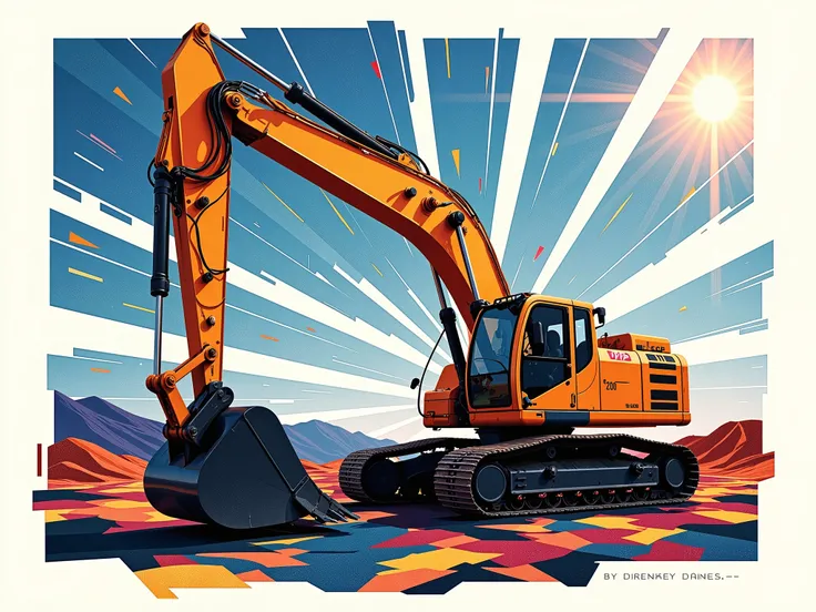 Heavy Construction Machinery, Excavator with Articulated Arms, Geometric Pattern, moving composition, Warm Sunlight Effects, Fragmented Textures, modern aesthetic, Urban Industrial Themes, and the atmosphere is vibrant