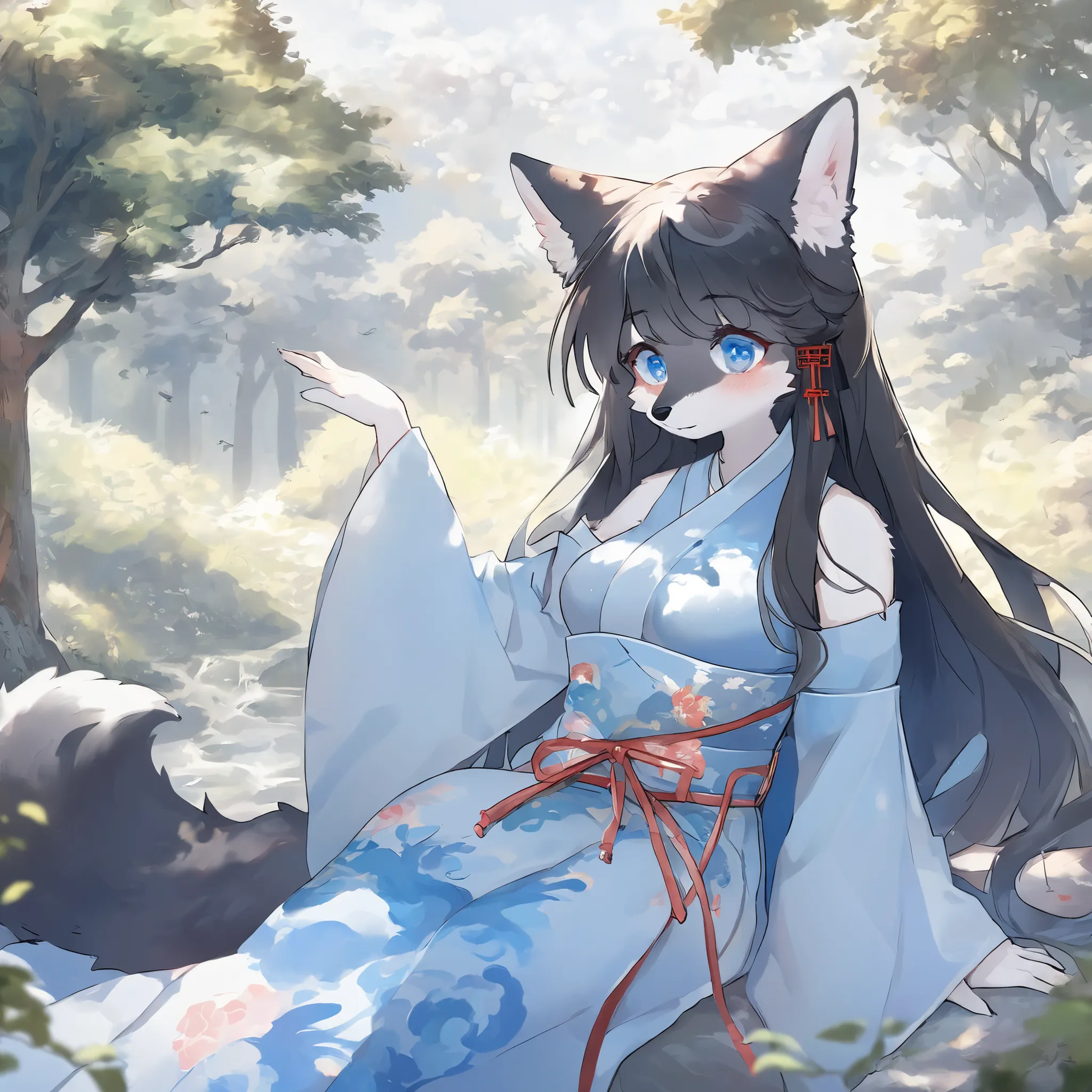 wolf female , black body fur , kemono , furry , Chinese style , forest , black hair Long hair , blue eyes , two fluffy tails , cute , long legs , watertight eyes , "highly detailed, soft light, anime style, pastel colors" , blue shy Hanfu china Paofu...