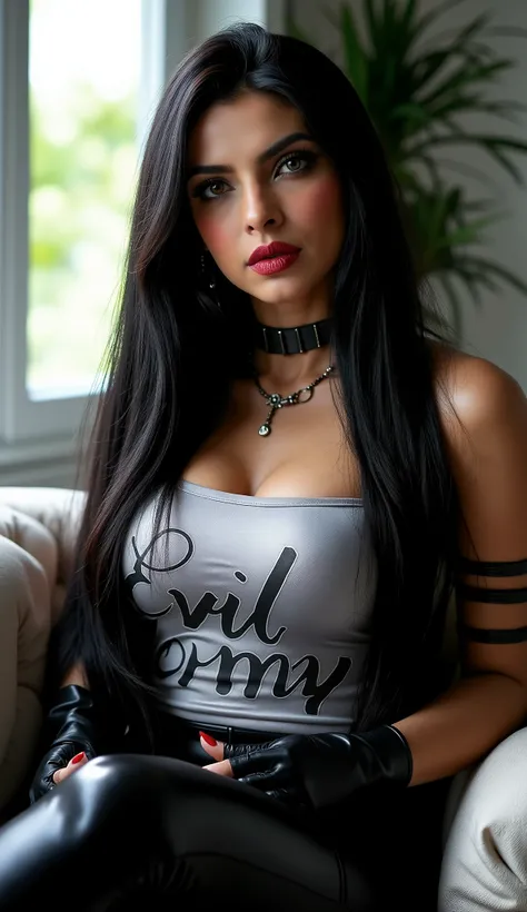 PriyankaChopraFlux, super detailed, long and straight hairs, gothic apperance, black latex pants, silver satin top with 'Evil Mommy' print, (gothic makeup), goth, heavy goth face makeup, eyes gothic makeup, lipstick, sitting very casually on couch, evil lu...