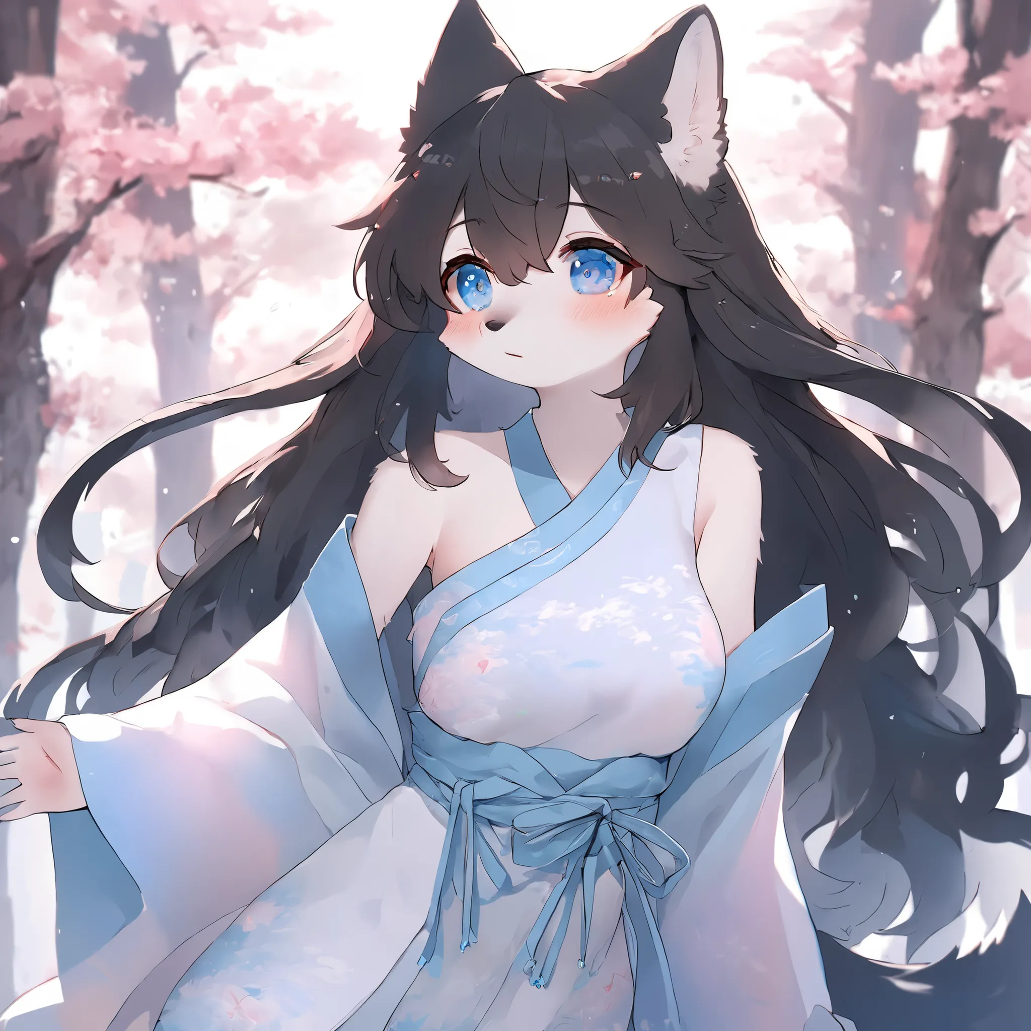 wolf female , black body fur , kemono , furry , Chinese style , forest , black hair Long hair , blue eyes , two fluffy tails , cute , long legs , watertight eyes , "highly detailed, soft light, anime style, pastel colors" , blue shy Hanfu china Paofu...