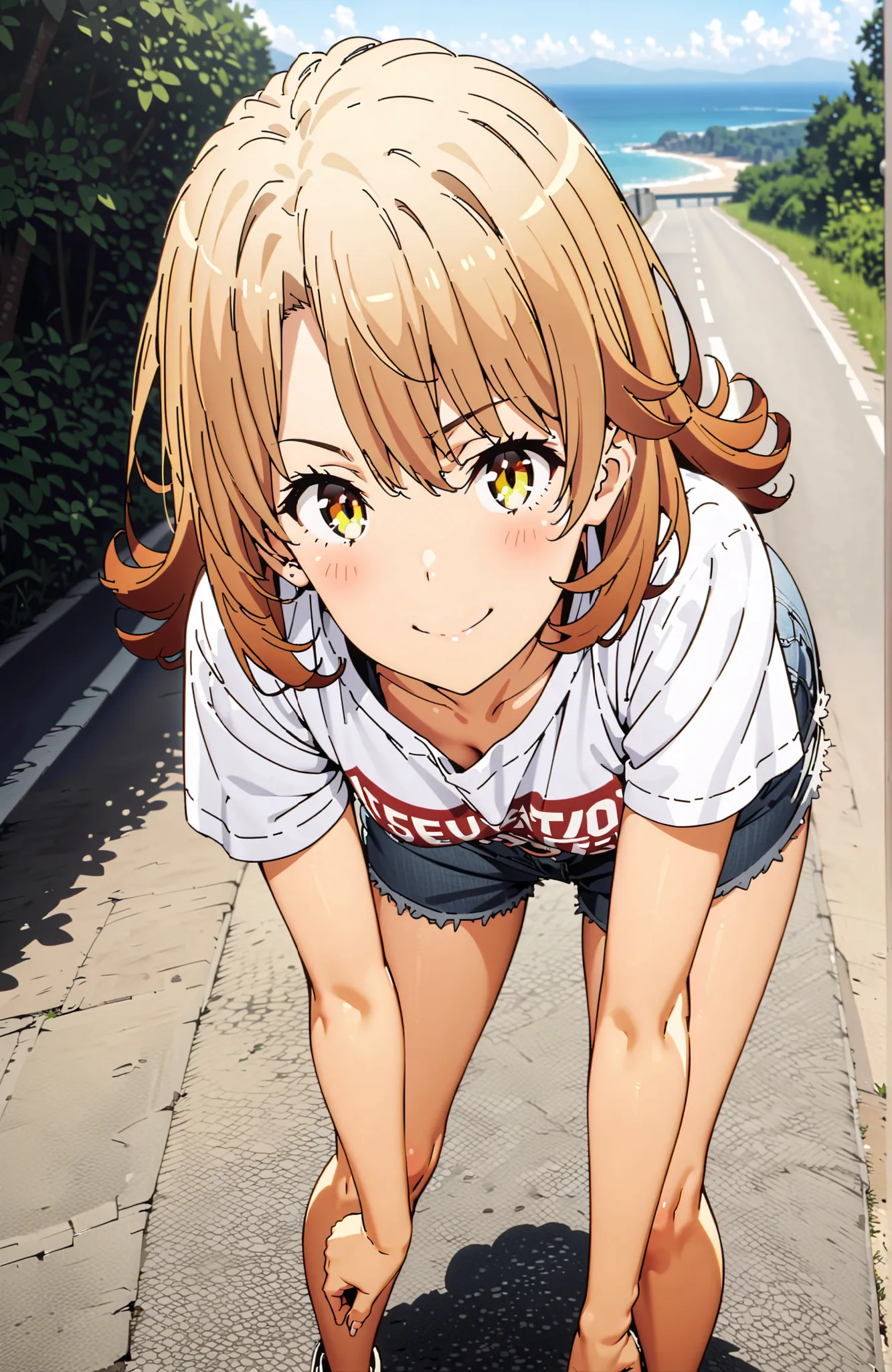 Iroha Isshiki,solo, Hair,half up do,short hair,brown eyes in the bedroom,oversized t-shirt,denim micro shorts,Bare legs,sneakers,Baseball hats,standing,bending forward,peace sign,smile,blush,grinning,Beautiful Scenery,noon,summer,in their 40s outdoors,Coas...