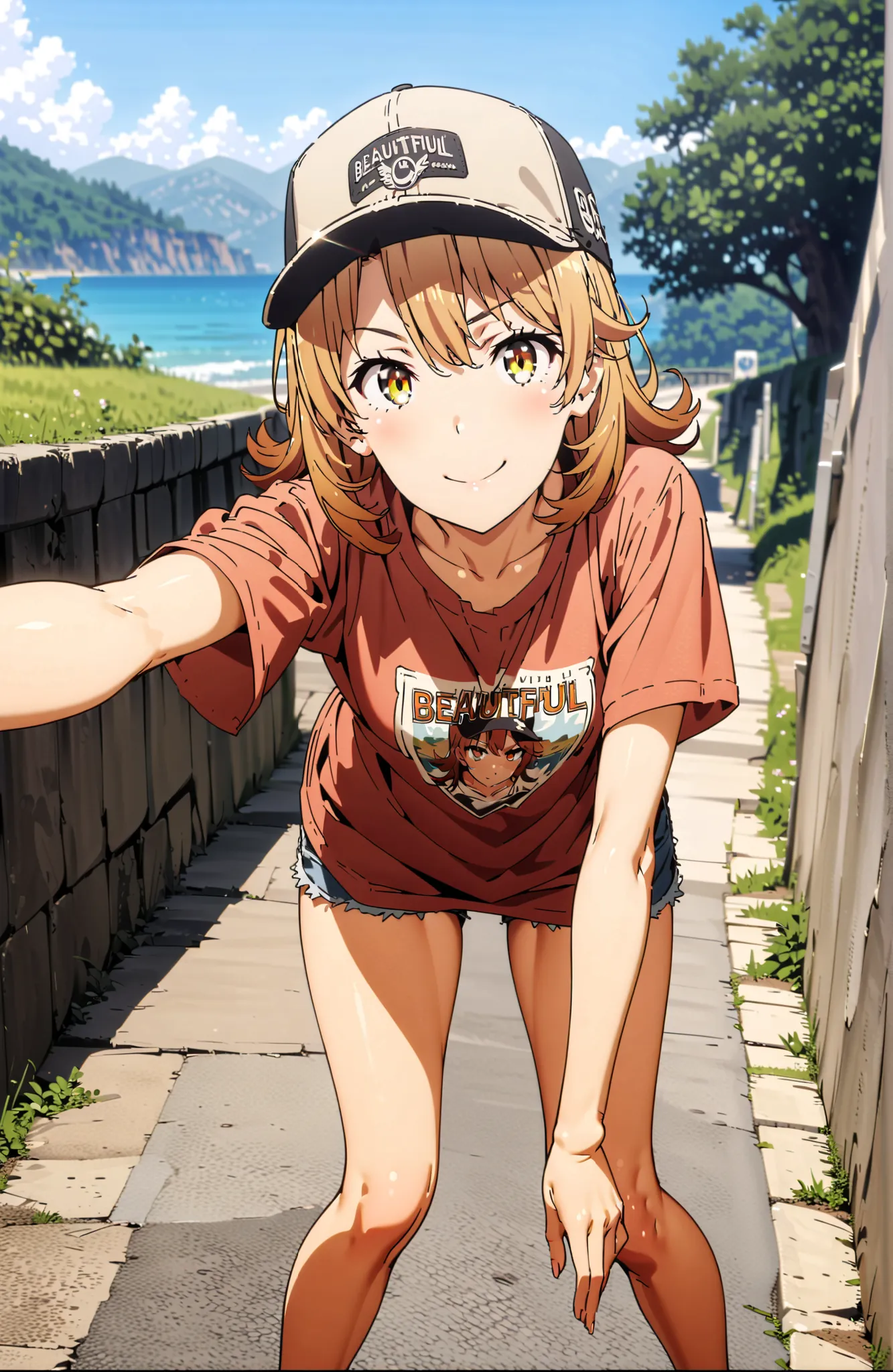 Iroha Isshiki,solo, Hair,half up do,short hair,brown eyes in the bedroom,oversized t-shirt,denim micro shorts,Bare legs,sneakers,Baseball hats,standing,bending forward,peace sign,smile,blush,grinning,Beautiful Scenery,noon,summer,in their 40s outdoors,Coas...