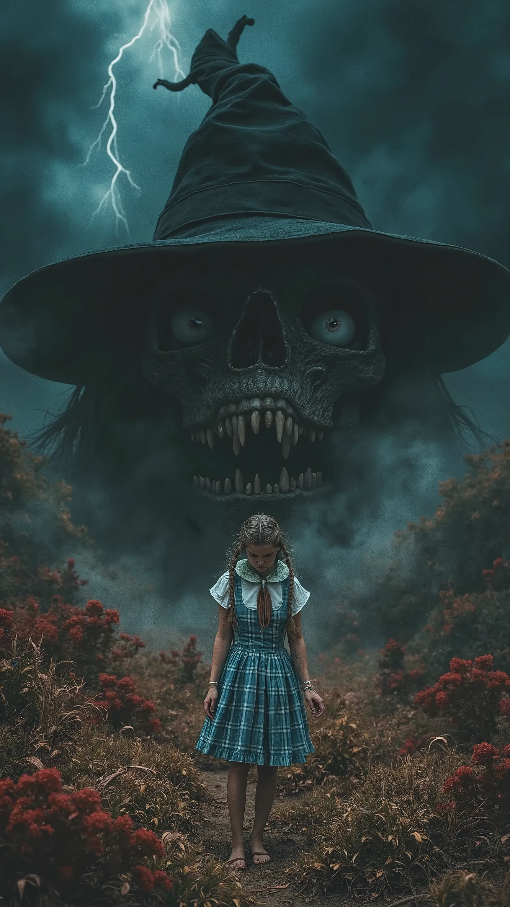 The great witch who appears at the end of the fable,
A dark horror movie masterpiece, Realistic surreal,
mvpstrCE style,
((NSFW)),
for Adults,
the witch who appeared as if she were surging forth accompanied by black clouds and lightning,
the final boss o...