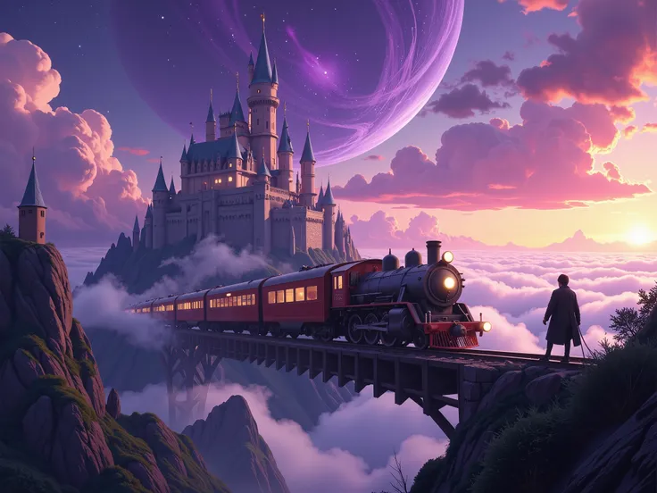 Flying locomotive ,The purple universe stretches out, The rail extends toward the sky,A train is running on top of the rail.rails extend from the ground to the sky.The train is about to take off into space,The,The boys are playing adventure,