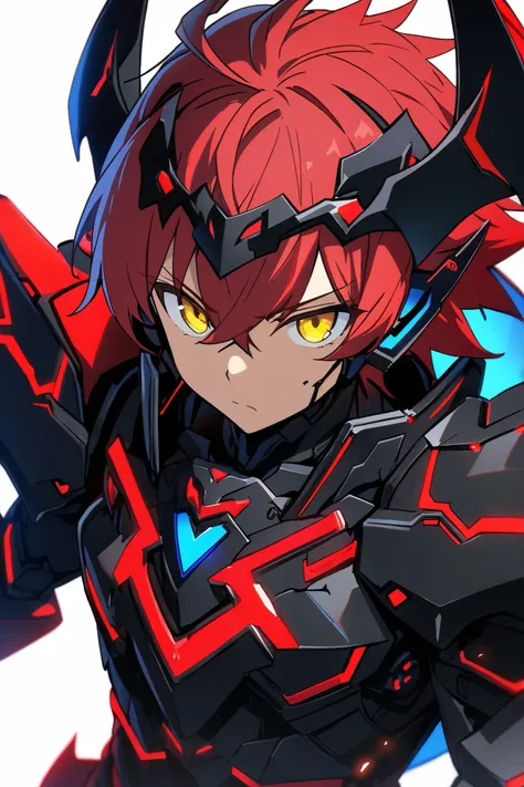 [(WHITE BACKGROUND:1.5),::5], ((masterpiece)), high quality, ultra very high resolution, full color, ((solo)), ((younger boy)), Black cyborg armor, Devil head gear, (Devil armor), ((Devil mechanical tail)), ((men's Red hair)), (Blue Inner hair), (yellow ey...