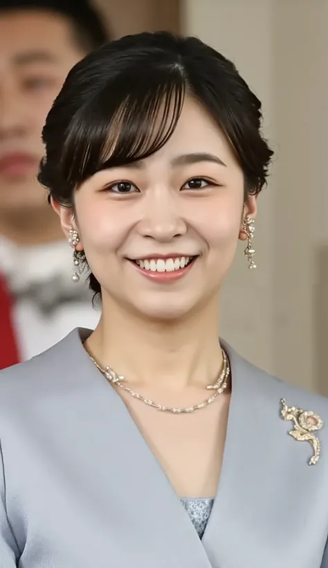 Japanese woman headshot、looking at the camera、Dark eyeshadow、 smile showing teeth、Red cheeks、ear piercing、necklace、upper body、Background is in a room、