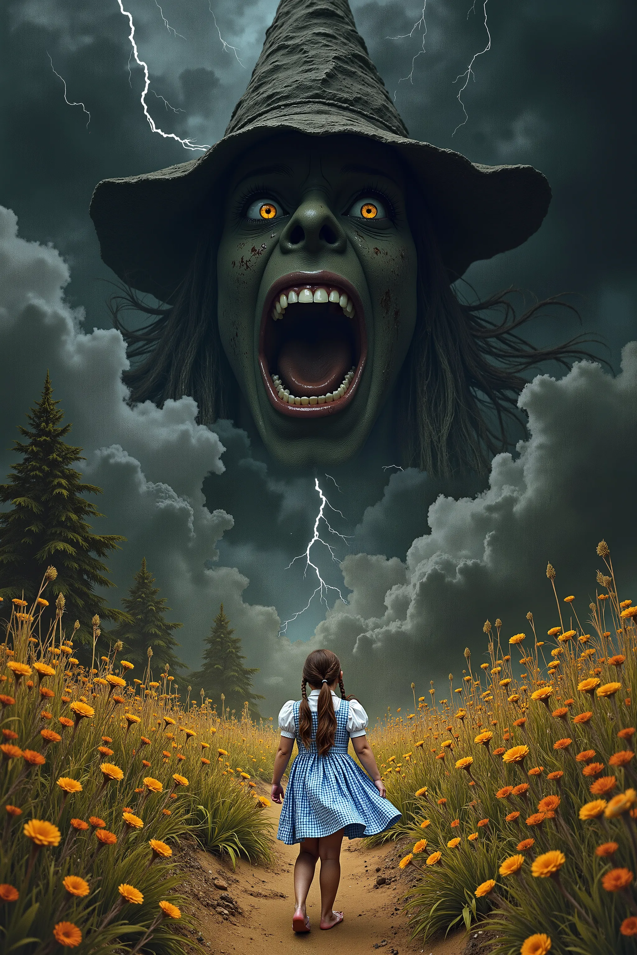 The great witch who appears at the end of the fable,
A dark horror movie masterpiece, Realistic surreal,
mvpstrCE style,
NSFW,
for Adults,
the witch who appeared as if she were surging forth accompanied by black clouds and lightning,
the final boss of th...