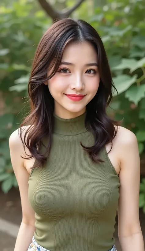 A beautiful middle-aged woman (48 years old: 1.4) standing in a park, with wavy black hair, thick and beautiful legs, fine laugh lines: 1.2, and a captivating smile. . Sharp facial details, amazing beauty (ultimate beauty), female face and eyes, (lipstick:...