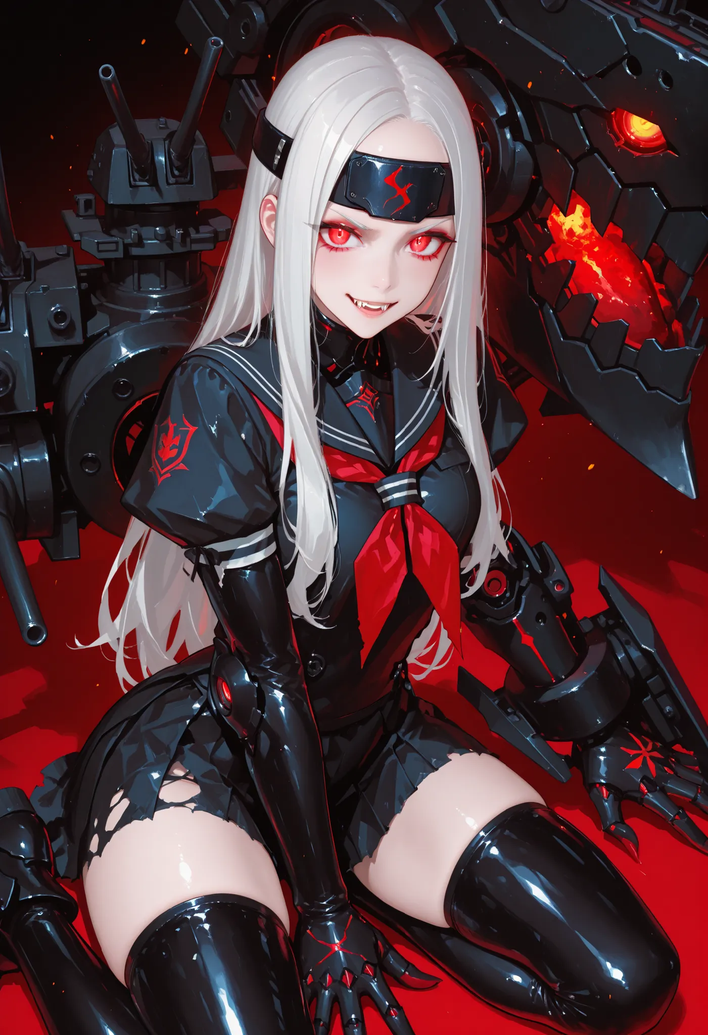 Girl in a black sailor uniform. White hair. Long hair. Forehead protector. Glowing red eyes. Fearless smile. Darkly discolored hands. Black armored arms. Asymmetrical arms. Oversized latex boots. Torn costume. Sit on a small battleship. Mechanical monster ...
