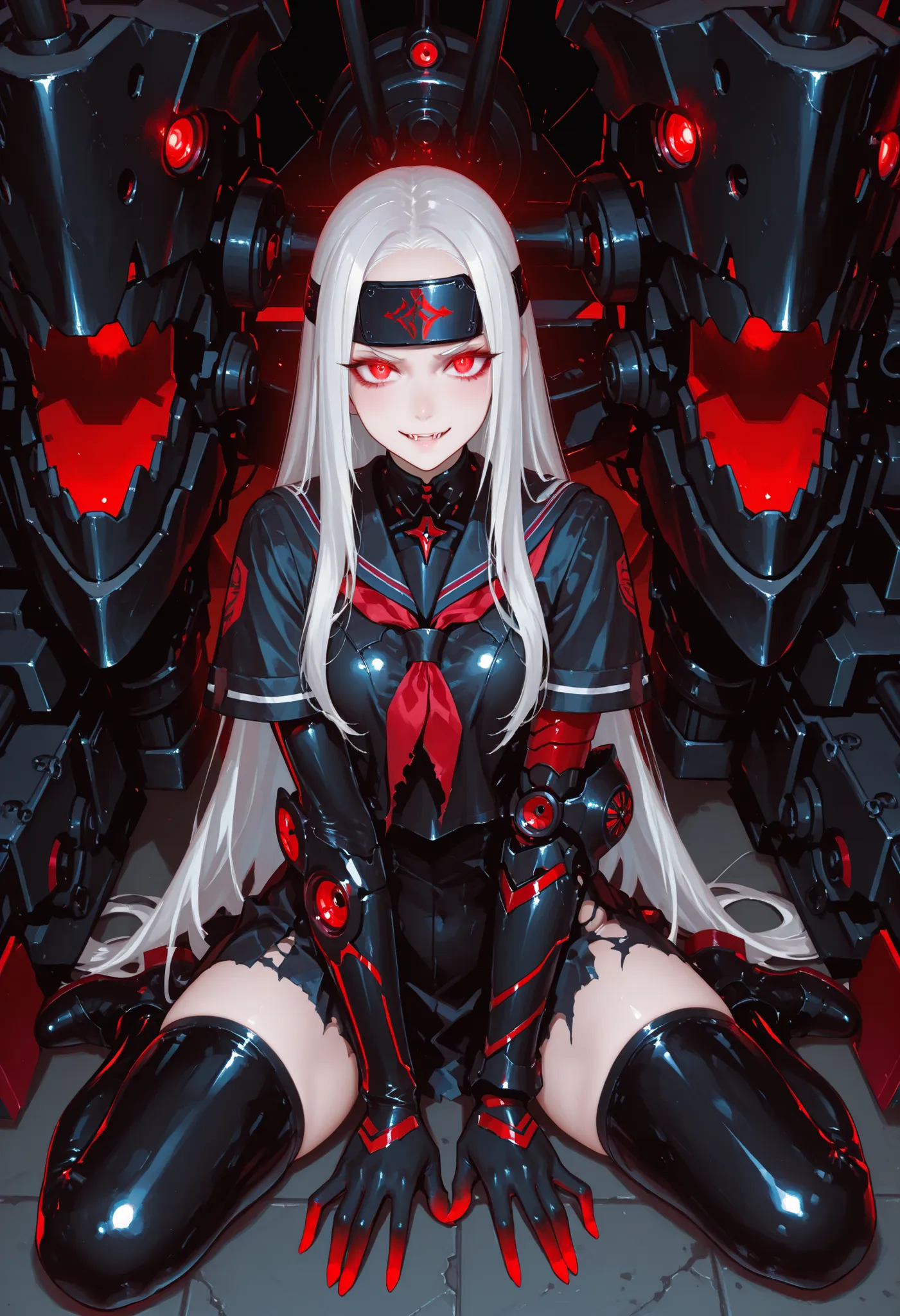 Girl in a black sailor uniform. White hair. Long hair. Forehead protector. Glowing red eyes. Fearless smile. Darkly discolored hands. Black armored arms. Asymmetrical arms. Oversized latex boots. Torn costume. Sit on a small battleship. Mechanical monster ...