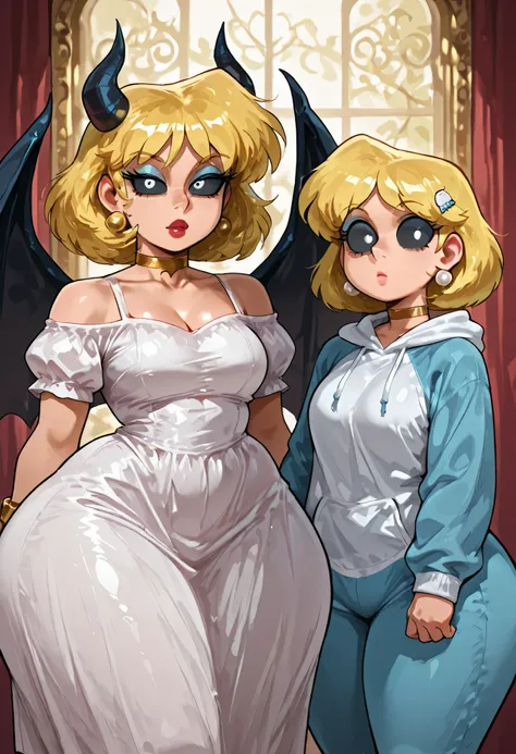 Lori Loud. medium breasts, huge hips, blonde hair, black eyes, blue eyeshadow, pearl earrings, white earrings. choker.|black sclera,colored sclera,demon wings,demon horns,slit pupils - To get that true evil waifu, shark hair ornament, hair ornament, gold c...