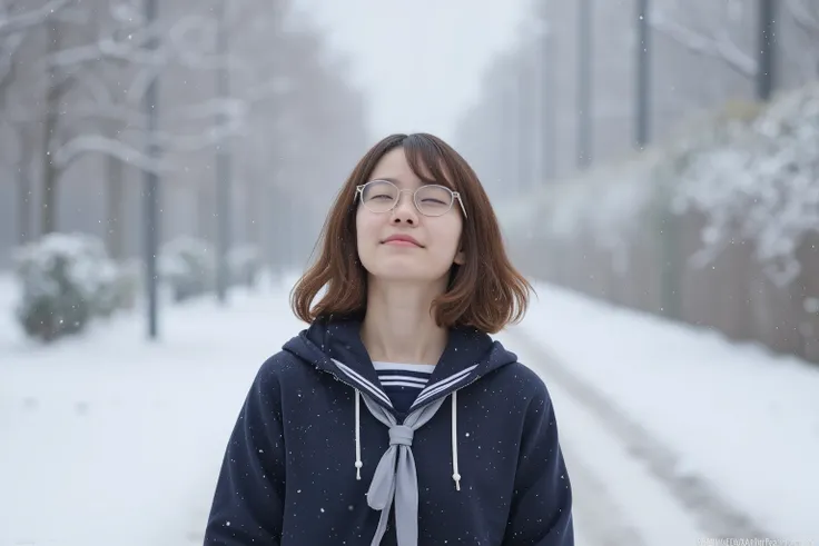 A dreamy, ethereal, photorealistic photograph painted in muted tones of white, gray, and blue. A young Japanese woman with short, wavy-tipped chestnut-colored hair and light-medium skin tone stands in the falling snow. She wears thin-framed round glasses. ...