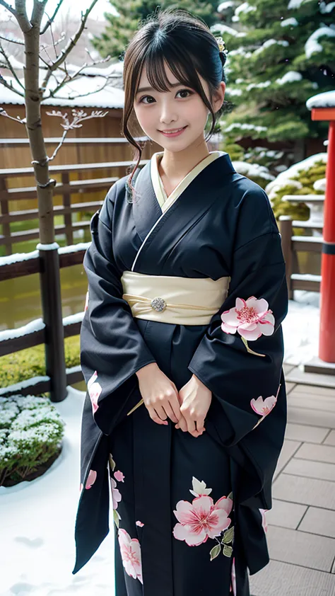 girls wearing kimono, kimono, furisode, obi, tabi,
updo hair, bangs, black hair, upper knee,
blush, light smile, Expressiveh, 
in Japanese-style garden, snow, outdoors
