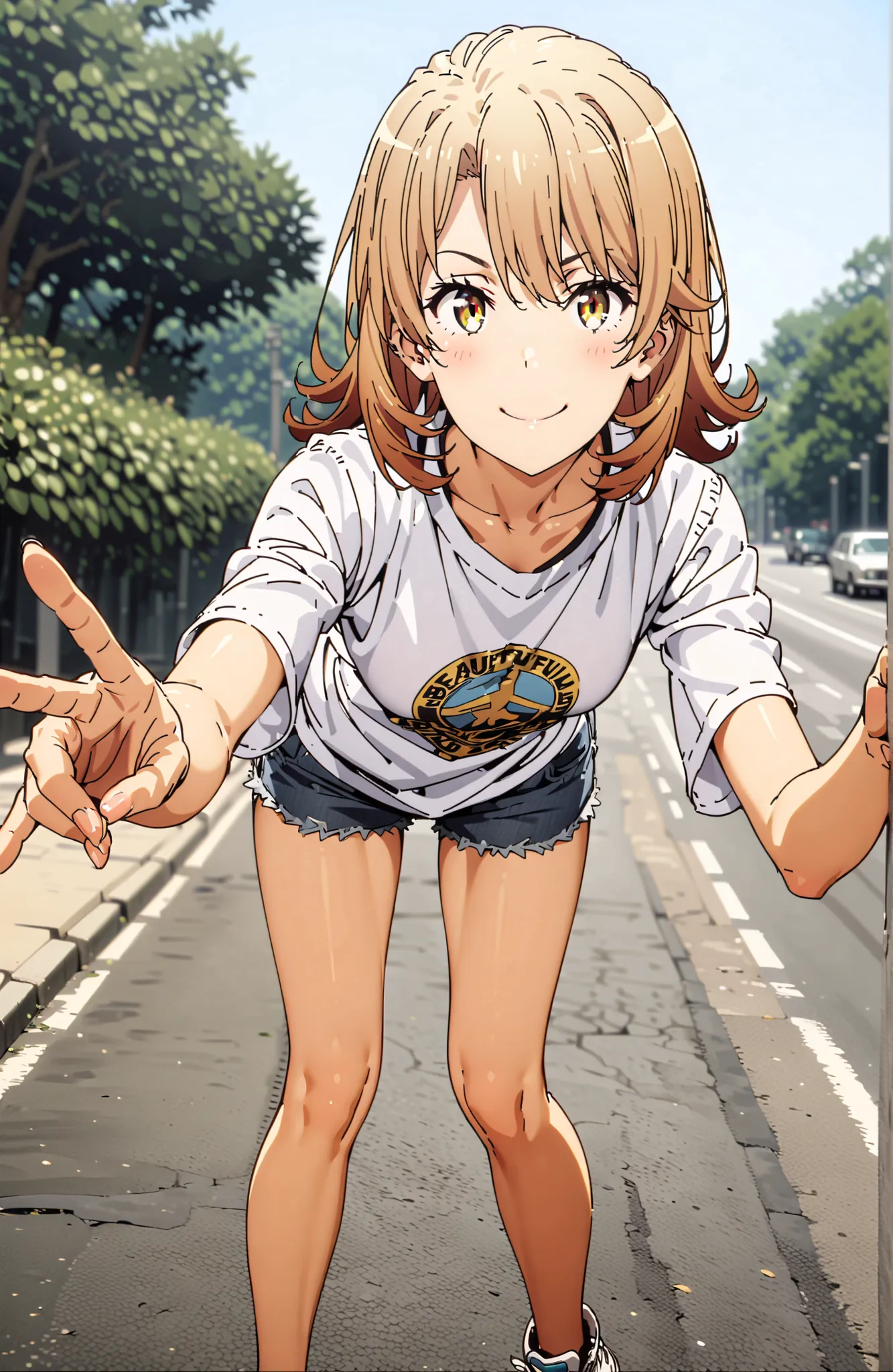 Iroha Isshiki,solo, Hair,half up do,short hair,brown eyes in the bedroom,oversized t-shirt,denim micro shorts,Bare legs,sneakers,Baseball hats,standing,bending forward,peace sign,smile,blush,grinning,Beautiful Scenery,noon,summer,in their 40s outdoors,Coas...