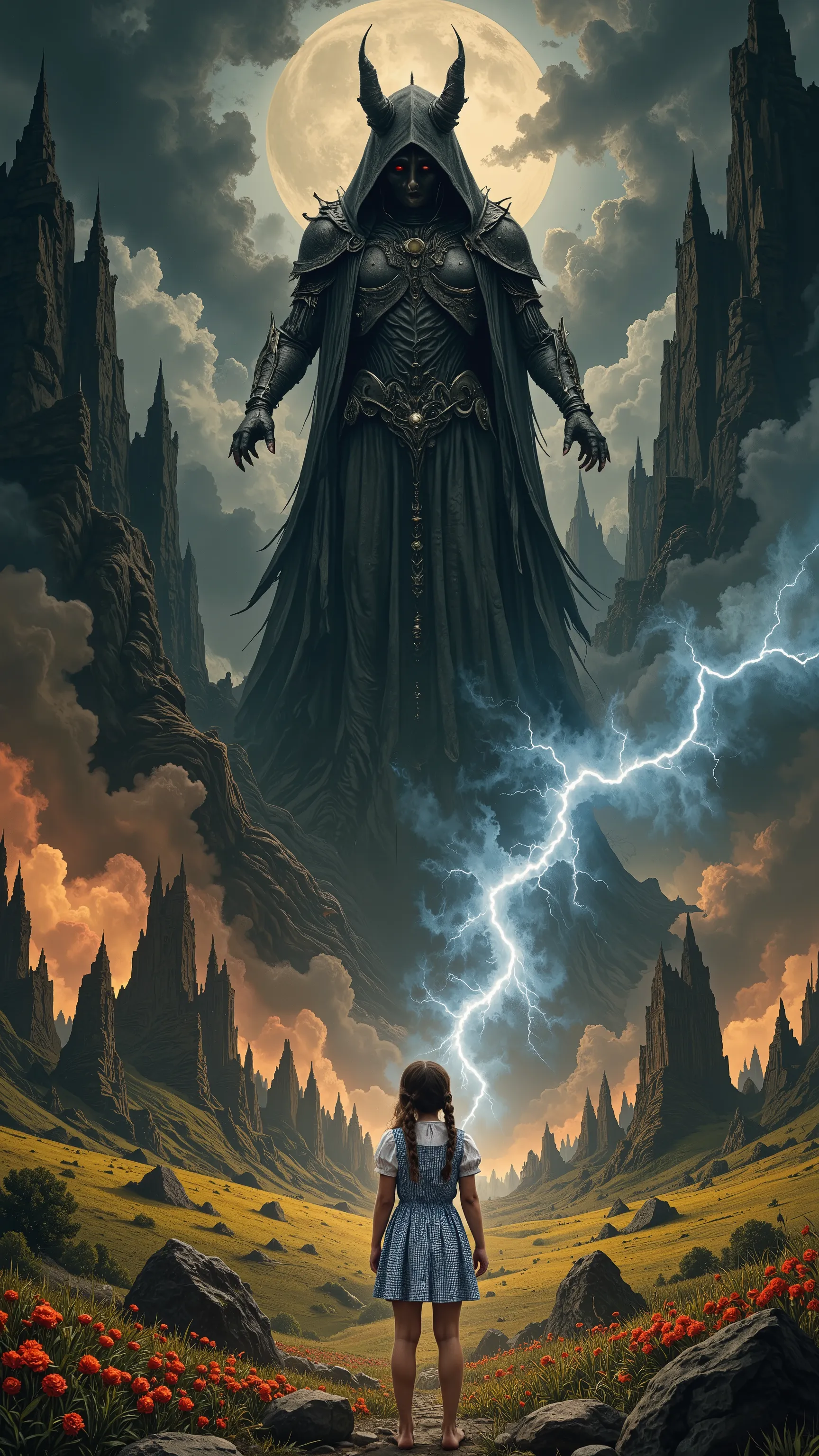 The great witch who appears at the end of the fable,
A dark horror movie masterpiece, Realistic surreal,
mvpstrCE style,
NSFW,
for Adults,
the witch who appeared as if she were surging forth accompanied by black clouds and lightning,
the final boss of th...