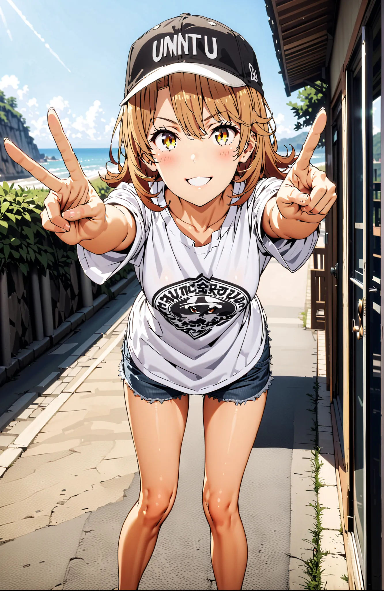 Iroha Isshiki,solo, Hair,half up do,short hair,brown eyes in the bedroom,oversized t-shirt,denim micro shorts,Bare legs,sneakers,Baseball hats,standing,bending forward,peace sign,smile,blush,grinning,Beautiful Scenery,noon,summer,in their 40s outdoors,Coas...