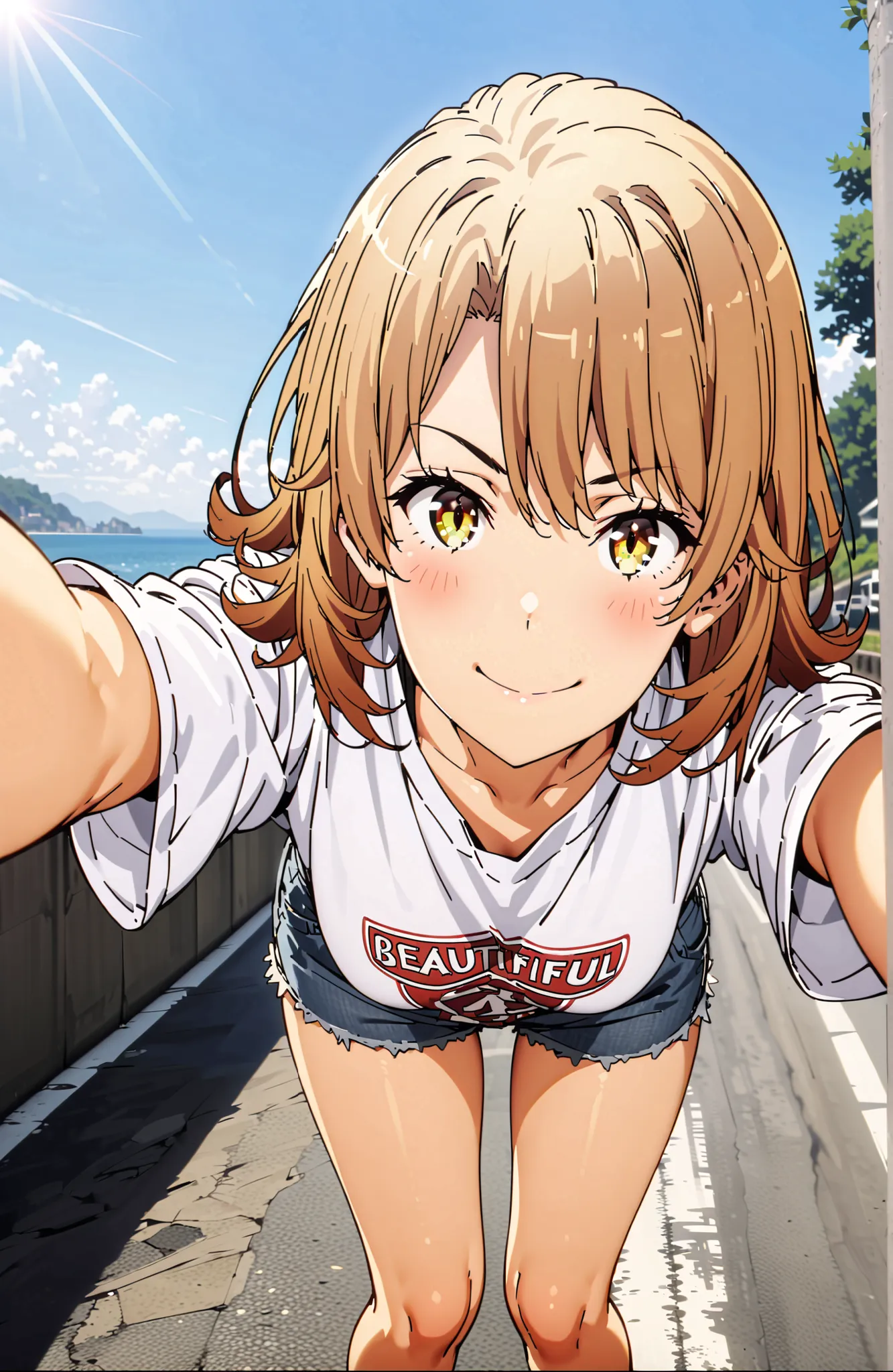 Iroha Isshiki,solo, Hair,half up do,short hair,brown eyes in the bedroom,oversized t-shirt,denim micro shorts,Bare legs,sneakers,Baseball hats,standing,bending forward,peace sign,smile,blush,grinning,Beautiful Scenery,noon,summer,in their 40s outdoors,Coas...