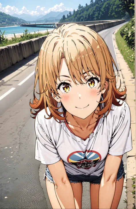 Iroha Isshiki,solo, Hair,half up do,short hair,brown eyes in the bedroom,oversized t-shirt,denim micro shorts,Bare legs,sneakers,Baseball hats,standing,bending forward,peace sign,smile,blush,grinning,Beautiful Scenery,noon,summer,in their 40s outdoors,Coas...