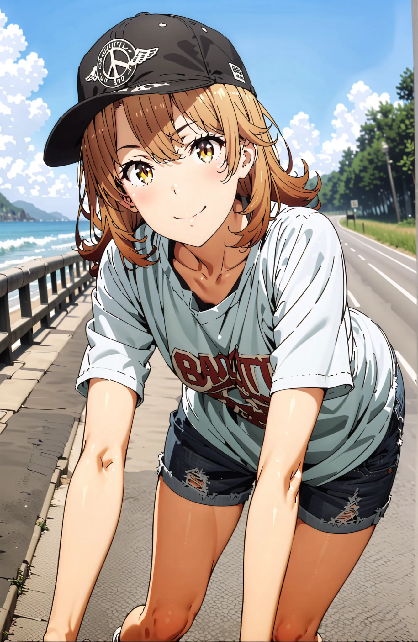 Iroha Isshiki,solo, Hair,half up do,short hair,brown eyes in the bedroom,oversized t-shirt,denim micro shorts,Bare legs,sneakers,Baseball hats,standing,bending forward,peace sign,smile,blush,grinning,Beautiful Scenery,noon,summer,in their 40s outdoors,Coas...