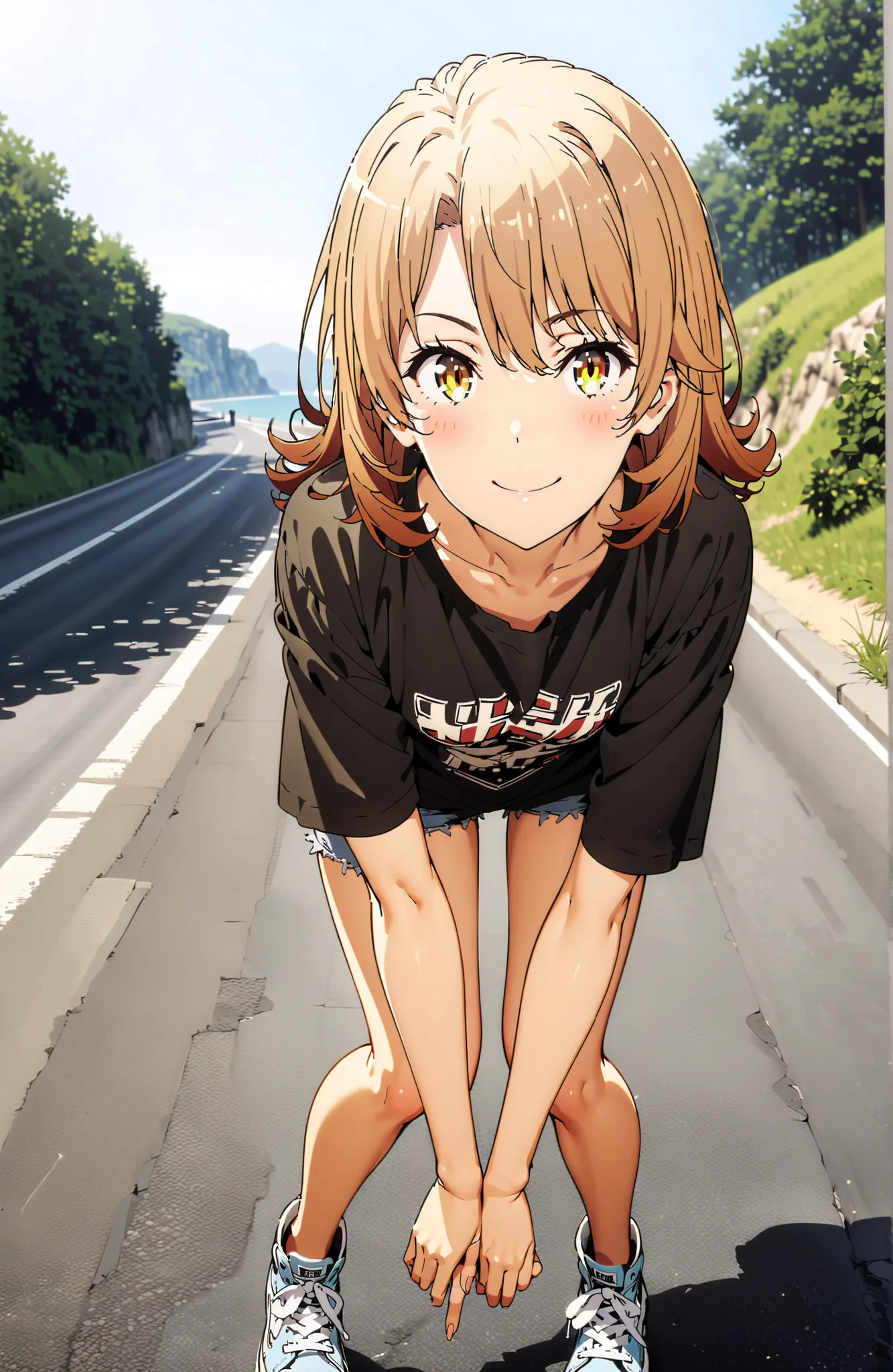 Iroha Isshiki,solo, Hair,half up do,short hair,brown eyes in the bedroom,oversized t-shirt,denim micro shorts,Bare legs,sneakers,Baseball hats,standing,bending forward,peace sign,smile,blush,grinning,Beautiful Scenery,noon,summer,in their 40s outdoors,Coas...