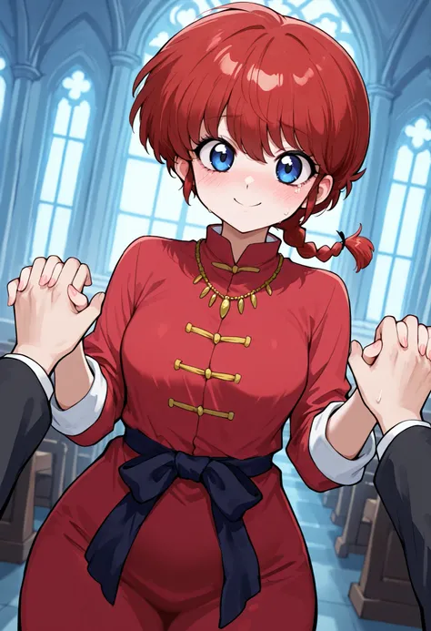 safe_pos, Ranma Saotome. red hair. pigtail. blue eyes. braid. small breasts. huge hips. necklace. black eyeliner. pink manicure. | score_9, score_8_up, score_7_up, source_anime, red wedding ring, marriage proposal, pov, pov hands, hand grab, blush, tears,...
