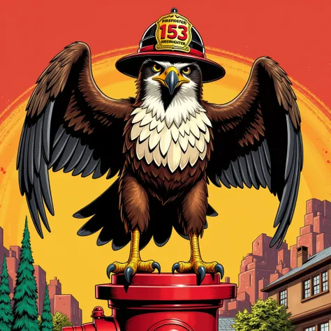 Vector Style , ((comic art)) , (cartoon style) a 5 , Vector-style, Vintage 70s action comic, Vector Style, lowbrow art, A full-body image of a strong, courageous Sea Eagle (Osprey) firefighter perched proudly on a red fire hydrant (or alternatively, a l...