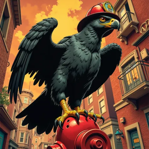 Vector Style , ((comic art)) , (cartoon style) a 5 , Vector-style, Vintage 70s action comic, Vector Style, lowbrow art, A full-body image of a strong, courageous Sea Eagle (Osprey) firefighter perched proudly on a red fire hydrant (or alternatively, a l...
