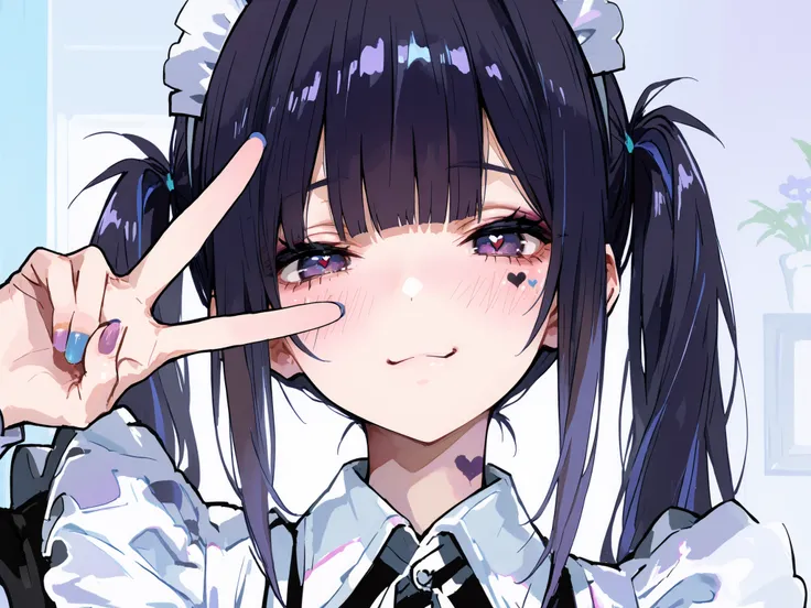 best quality, masterpiece, 748cmstyle, 1girl, heart facial mark, v over eye, nail polish, looking at viewer, purple eyes, purple nails, giggle, dark hair, blush, upper body, smile, maid apron, maid headdress, collared dress, white apron, twintails, blunt ...