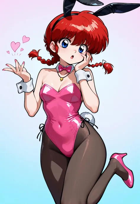 safe_pos, Ranma Saotome. red hair. pigtail. blue eyes. braid. small breasts. huge hips. necklace. black eyeliner. pink manicure. | masterpiece, best quality, newest, absurdres, highres, detailed eyes, beautiful, detailed background, perfect eyes, anime col...
