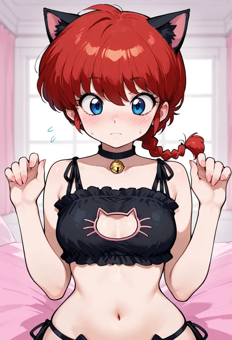 safe_pos, Ranma Saotome. red hair. pigtail. blue eyes. braid. small breasts. huge hips. necklace. black eyeliner. pink manicure. | masterpiece, best quality, amazing quality, cowboy_shot, bedroom_background, ((( cat lingerie, upper body))), masterpiece, b...