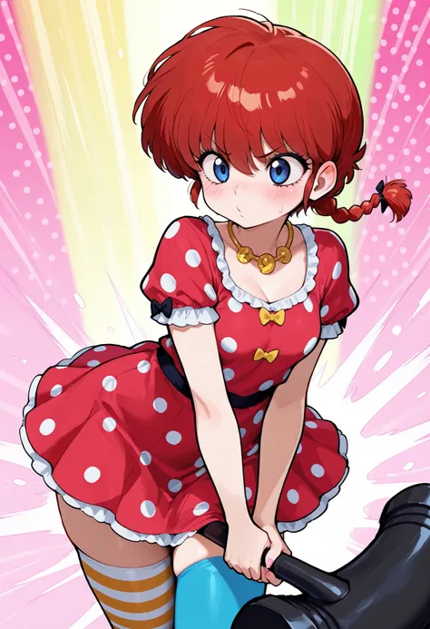 safe_pos, Ranma Saotome. red hair. pigtail. blue eyes. braid. small breasts. huge hips. necklace. black eyeliner. pink manicure. | masterpiece, best quality, amazing quality, circus_background, clowncore dress, bow, striped, short sleeves, thighhighs, mism...