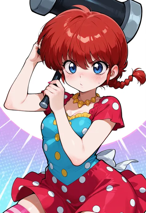 safe_pos, Ranma Saotome. red hair. pigtail. blue eyes. braid. small breasts. huge hips. necklace. black eyeliner. pink manicure. | masterpiece, best quality, amazing quality, circus_background, clowncore dress, bow, striped, short sleeves, thighhighs, mism...